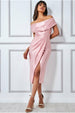 Goddiva Cowl Neck Bardot Satin Midi With Front Split - Blush