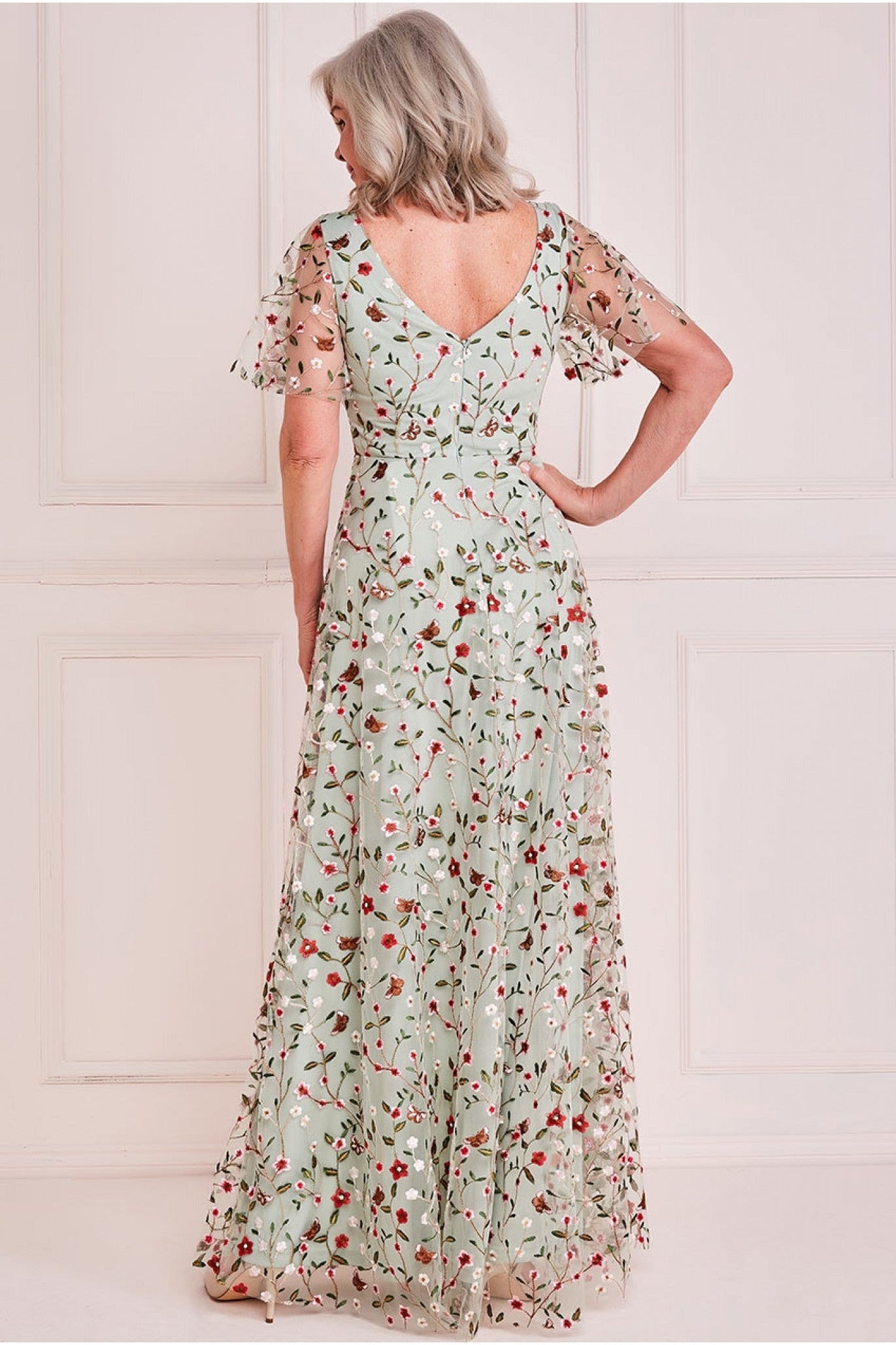 Short Sleeve Embroidered Floral Maxi - Sage Green DR3798M