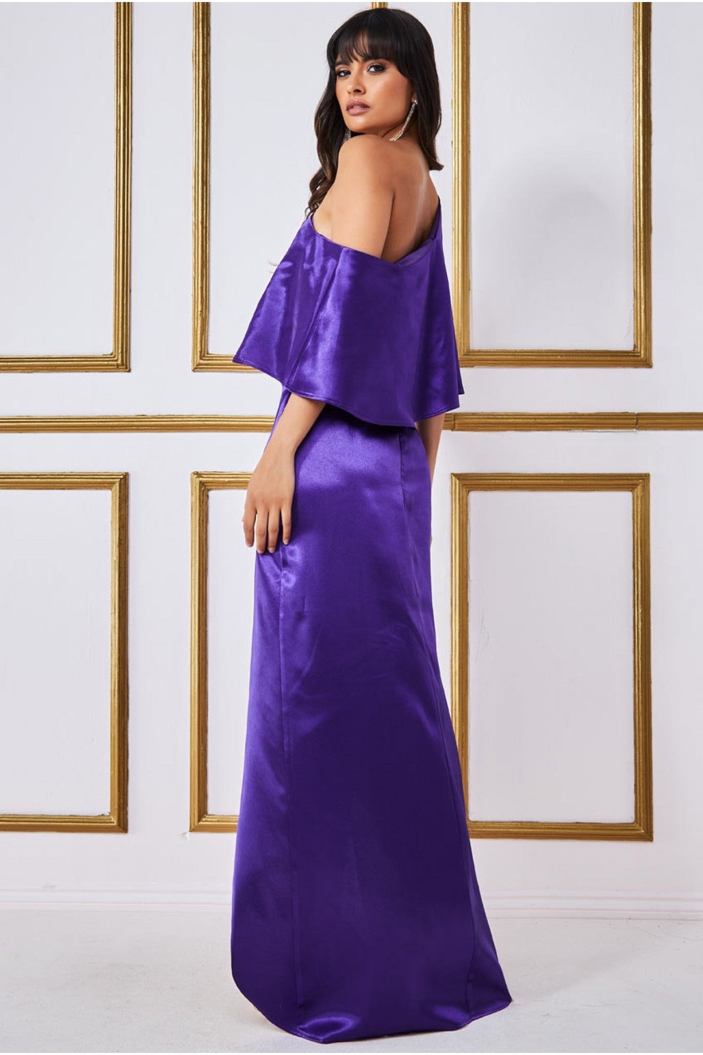 Goddiva Satin Drape Shoulder Wrap Maxi Dress - Purple - Purple / 8