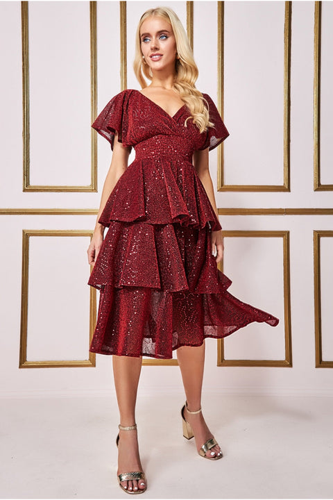 Sequin Lurex Tiered Midi Dress - Wine DR3656