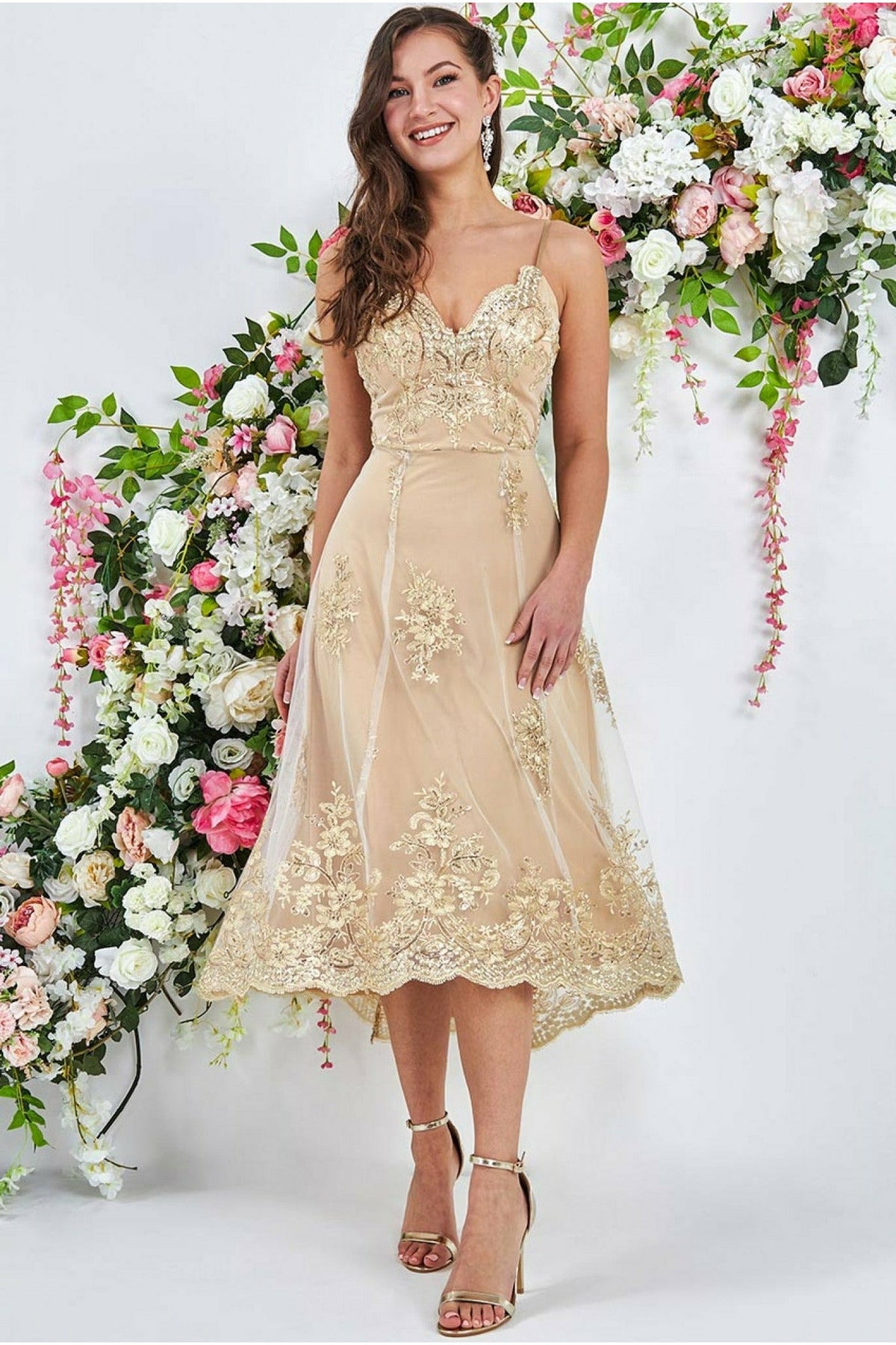 High Low Scalloped Midi Dress - Gold DR3333