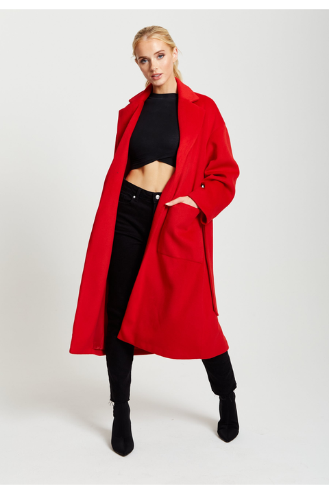 Belted Longline Coat In Red by Liquorish