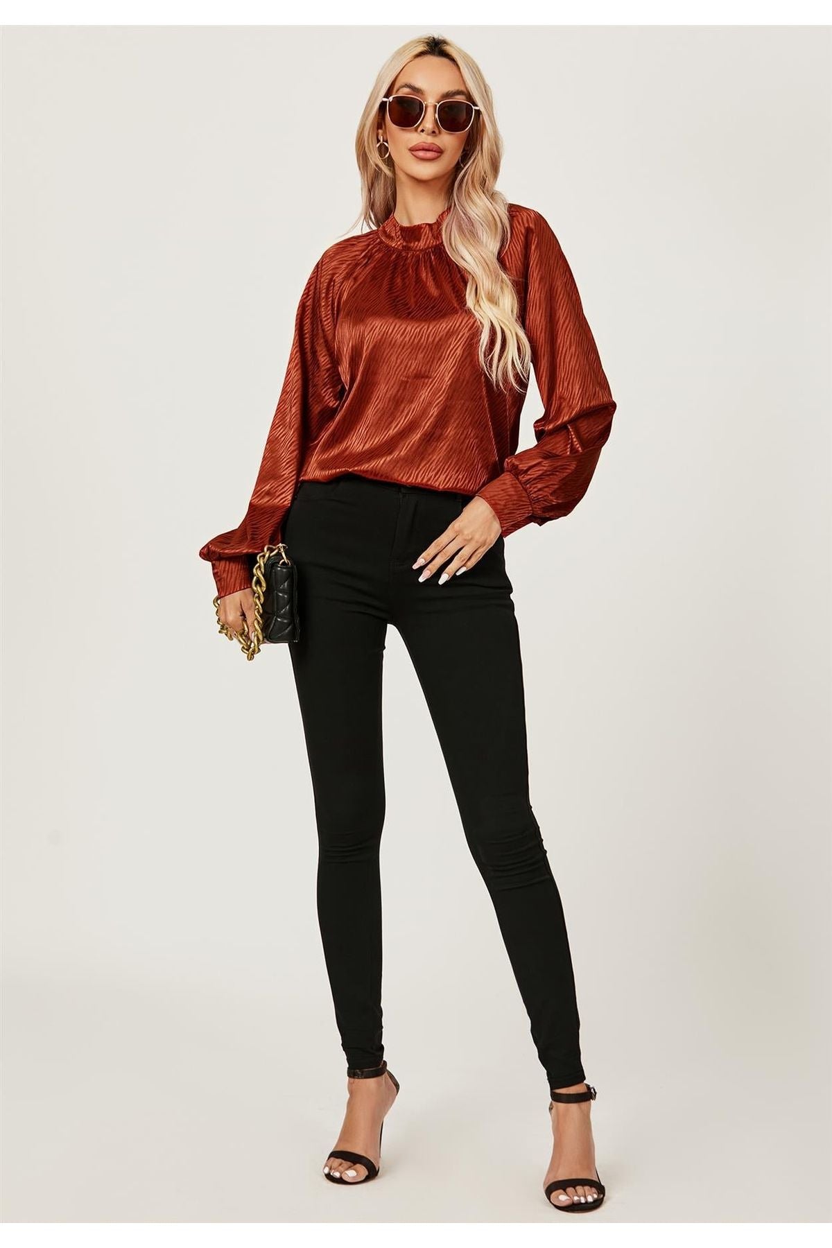 Halter Neck Satin Long Sleeve Blouse Top In Copper Red FS487-CopperRed