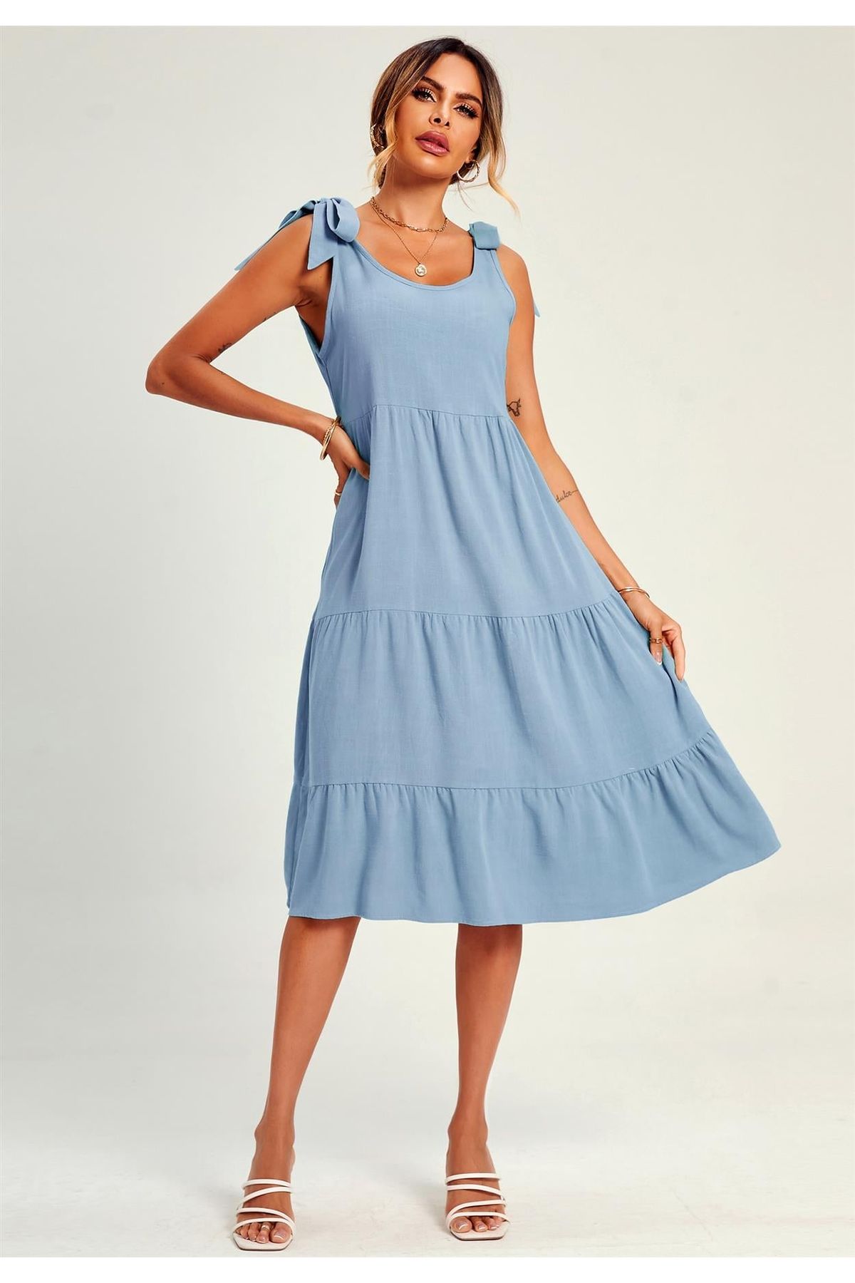 Relaxed Linen Self Tie Shoulder Tiered Midi Dress In Light Blue FS318-LightBlue