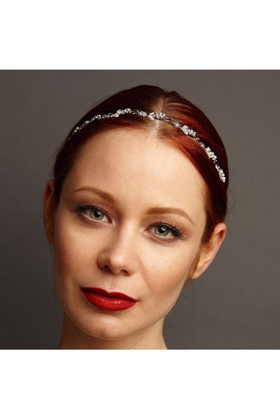 Silver - Chain Headband With Diamante Flowers by QueenMee Accessories