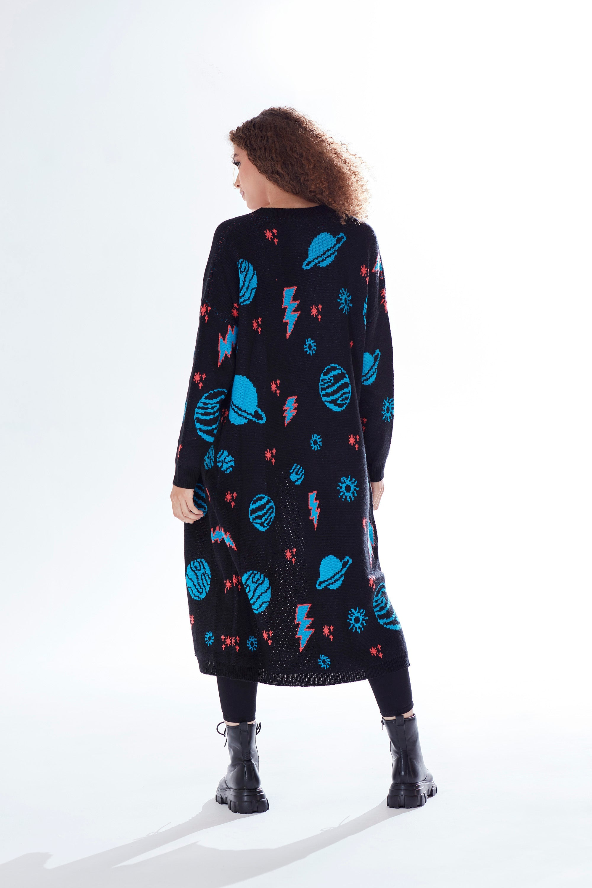 Liquorish Cosmic Pattern Open Front Cardigan in Black, Turquoise & Orange Liquorish