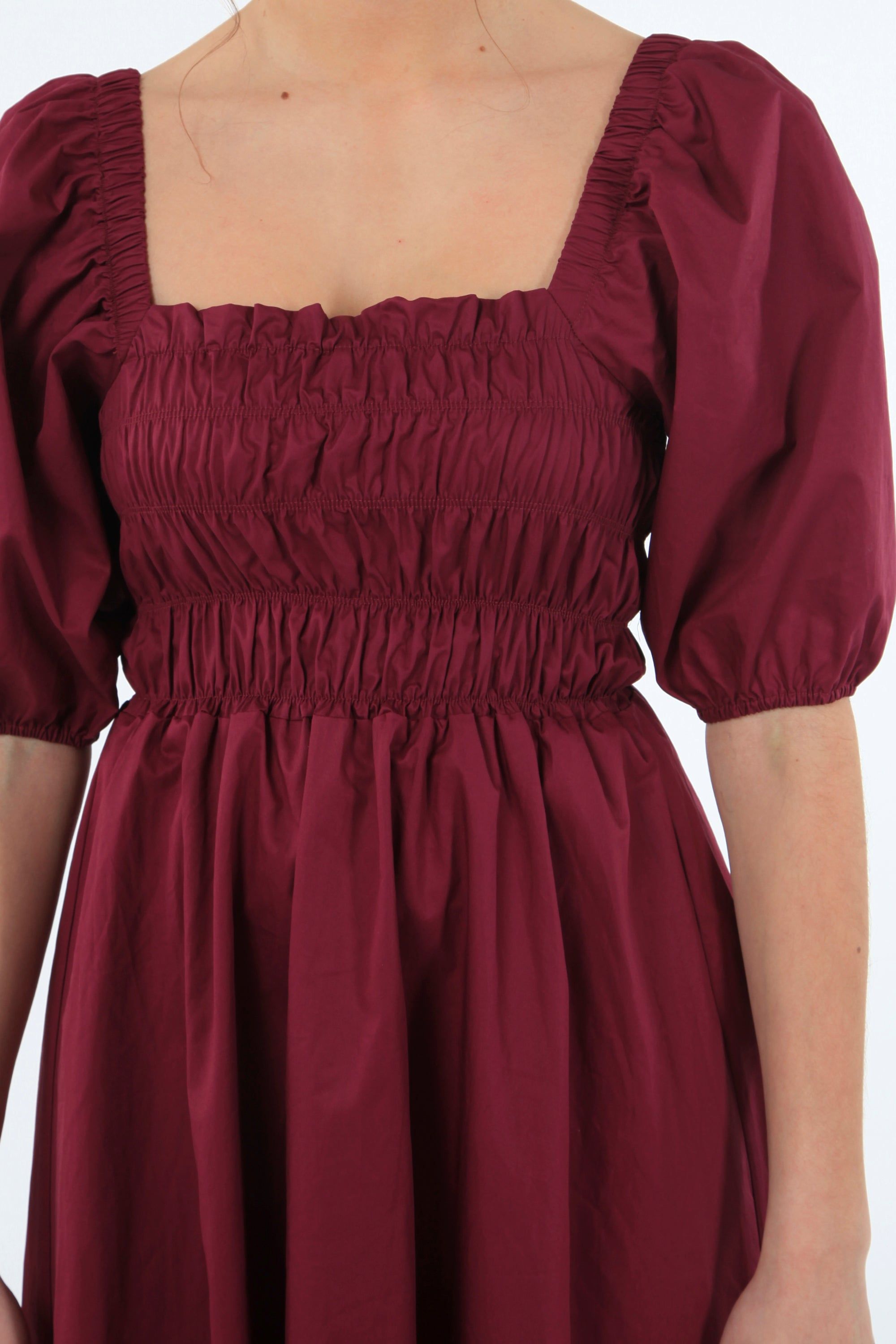 Wine Ruched Puff Sleeve Dress DR0000097