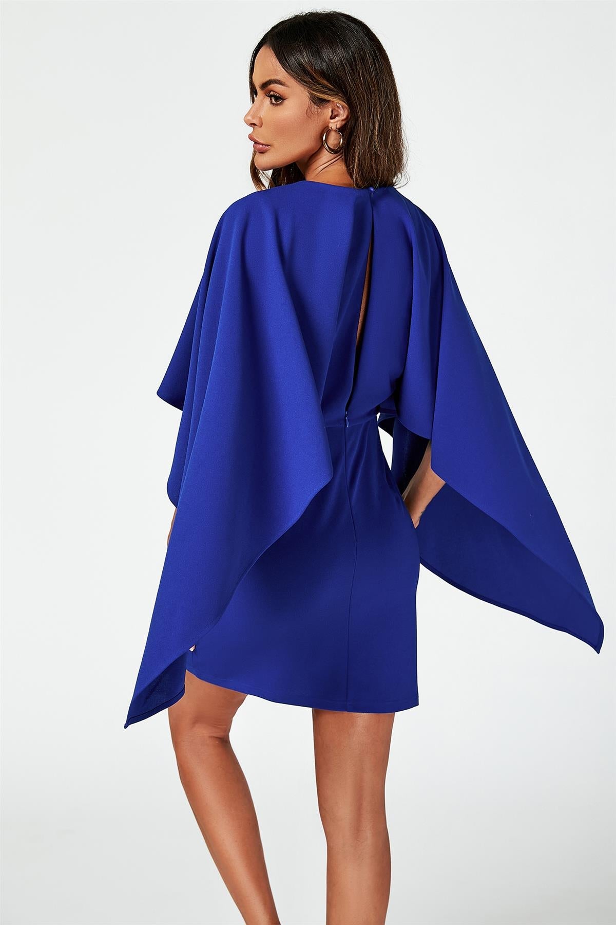 Back Detail Mini Dress With Cape In Blue FS595