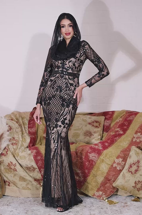 Goddiva Modesty Sequin Evening Maxi Dress - Black