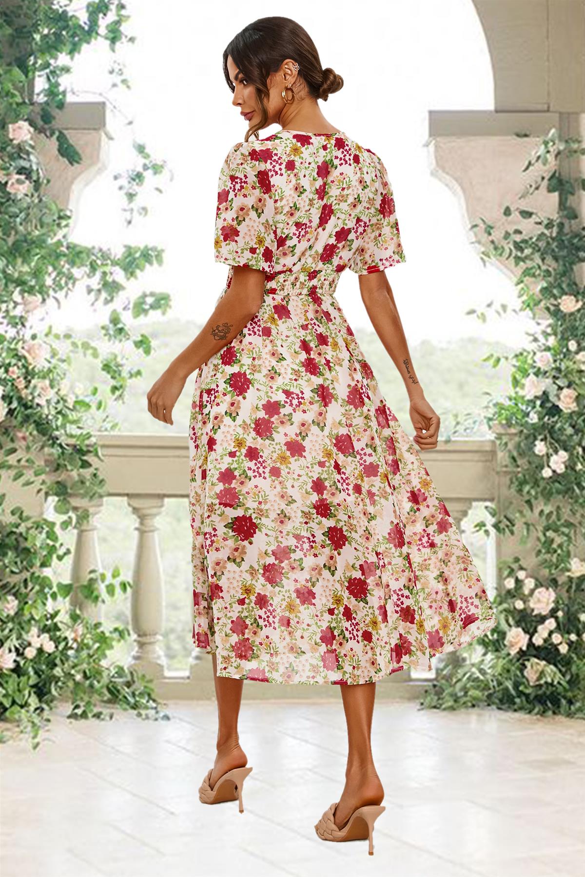 Red Floral Print Angel Sleeve Midi Dress In White FS700-RedF