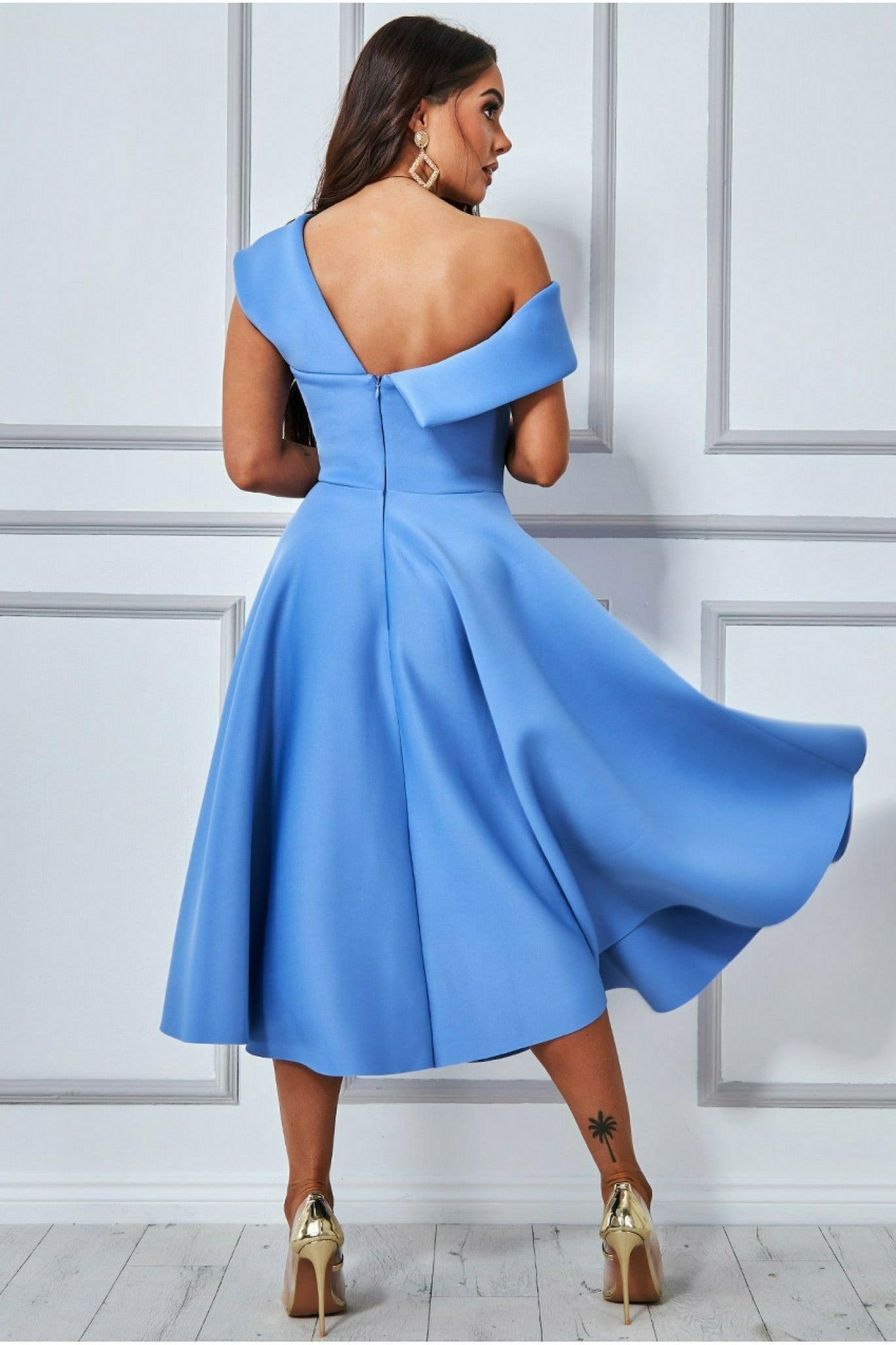 Scuba Foam One Shoulder Midi Dress - Dusty Blue DR3208