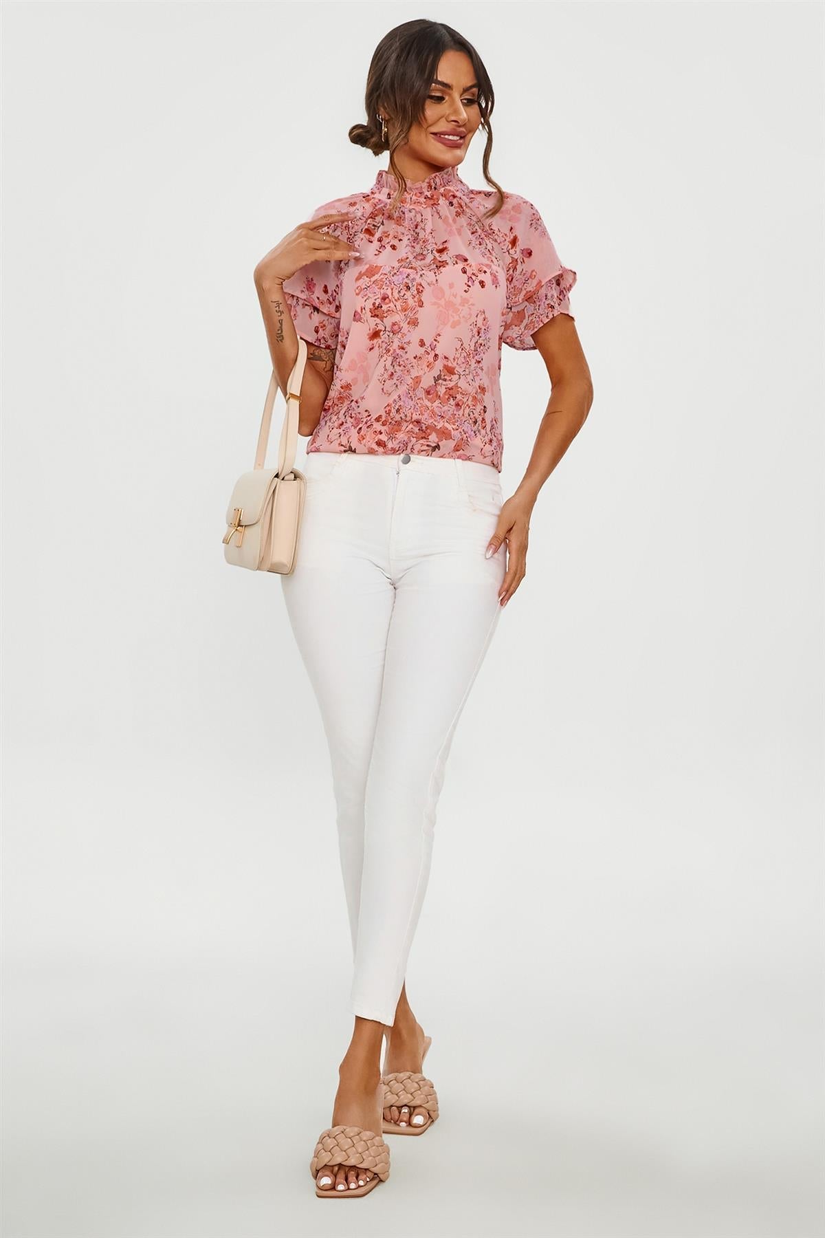 Floral Print Frill Hem Sleeve High Neck Blouse Top In Pink FS657-PinkF
