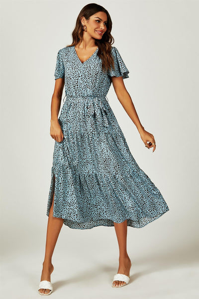 Blue - Leopard Print Hem Tiered Wrap Midi Dress In Blue by FS Collection