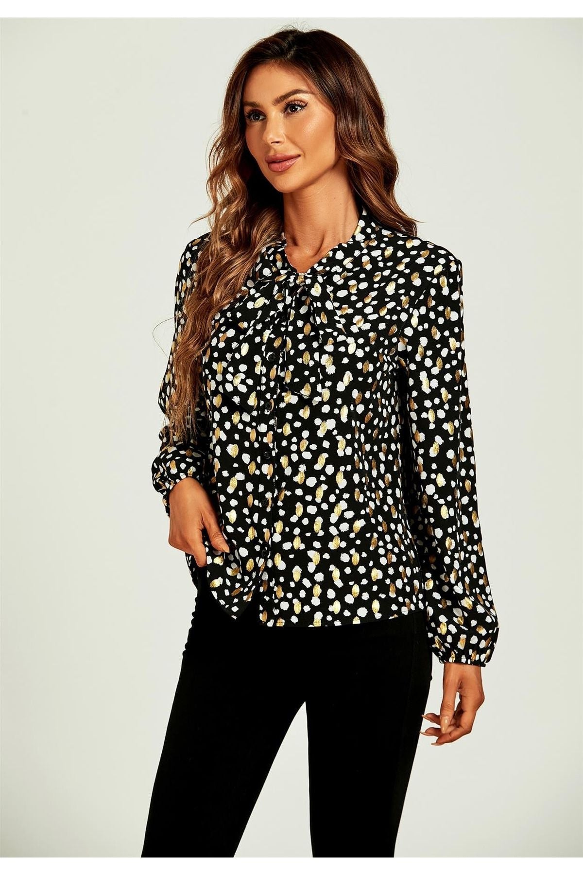 Gold Foil Leopard Print Pussybow Blouse/Top In Black FS494