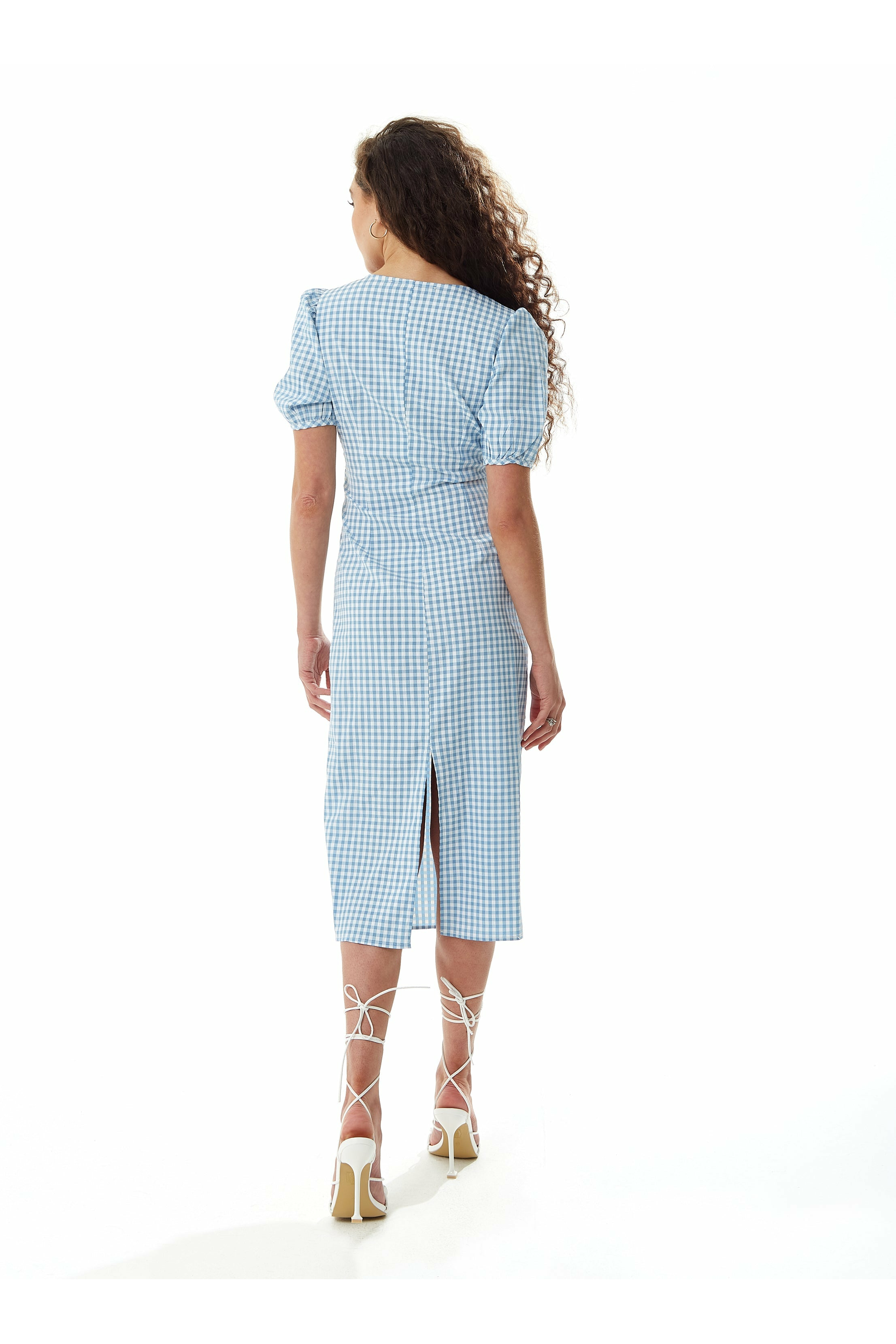 Liquorish Gingham Cut out front Midi Dress in Blue and White Liquorish