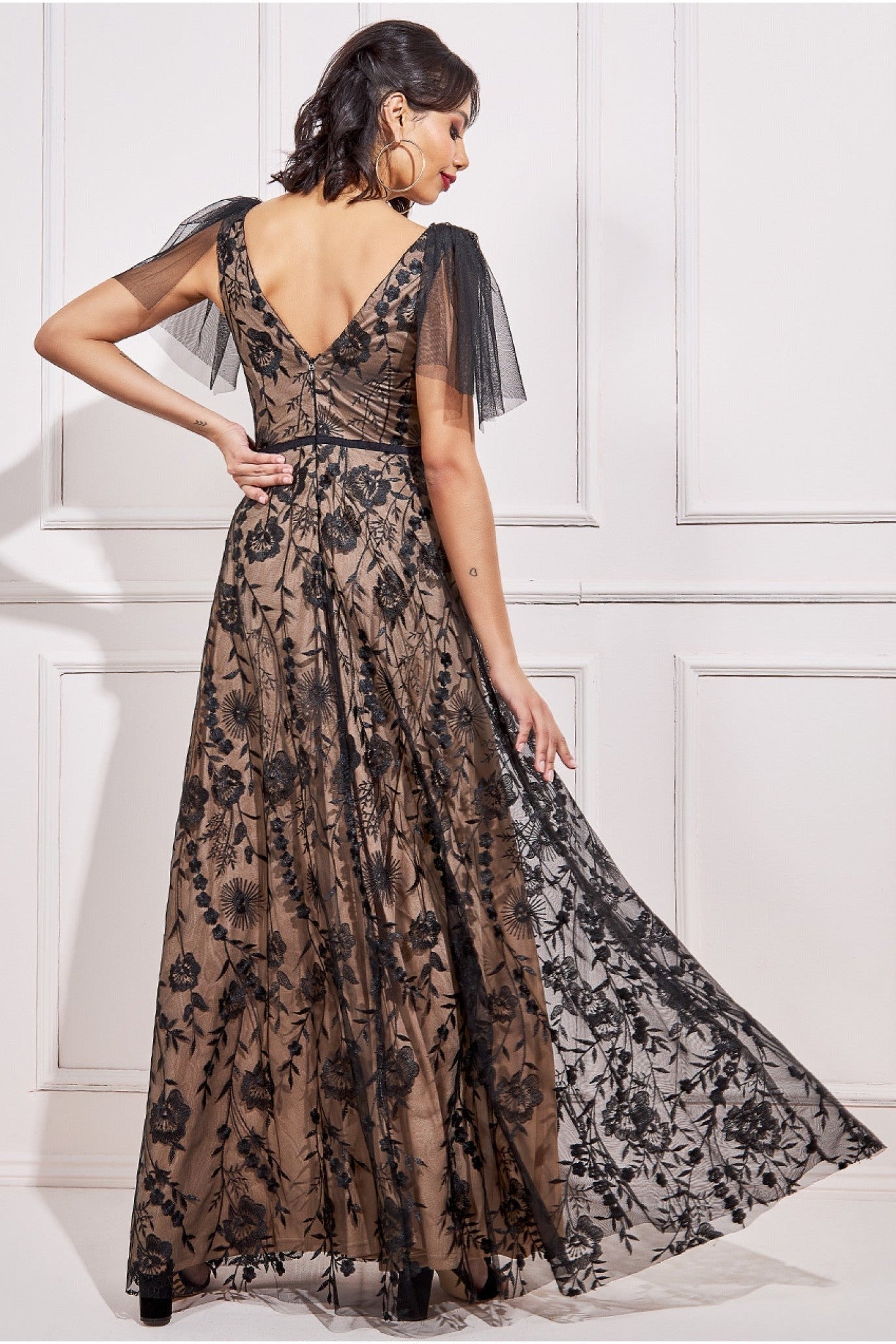 Embroidered Lace Maxi Flutter Sleeves - Black DR3255