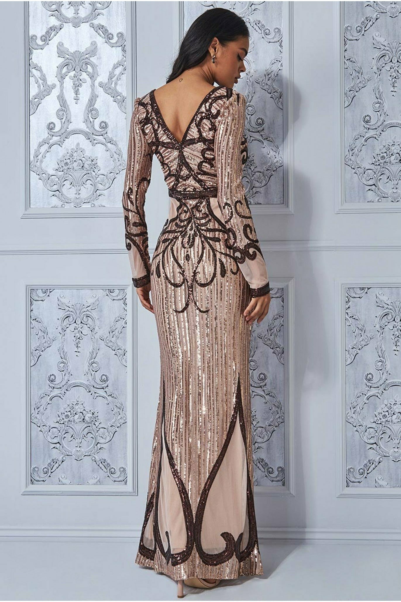 Sequin & Mesh Embroidered Maxi - Champagne DR3235