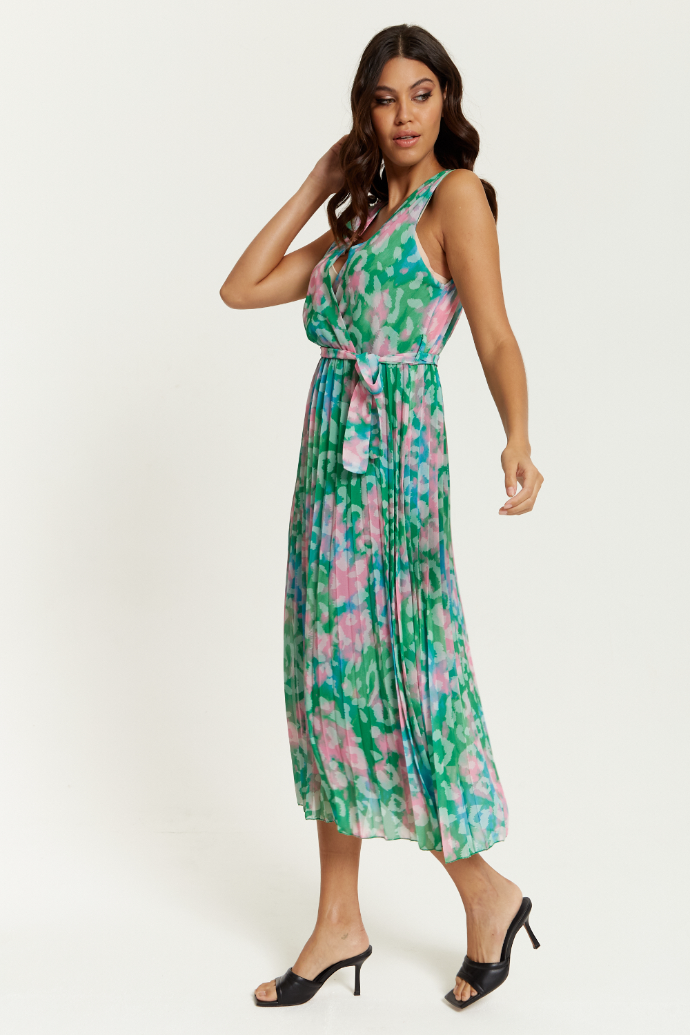 Wrap Front Multi Coloured Pink and Blue Leopard Print Maxi Dress with Pleat Details in Green HOXTON GAL