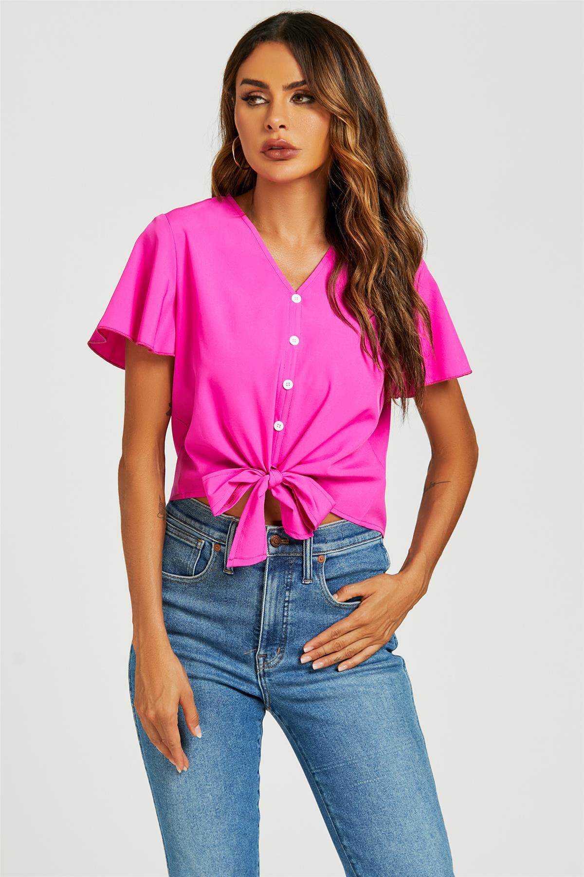 Cute Tie Knot Front Buttoned Crop T Shirt Top In Fuchsia Pink FS21168
