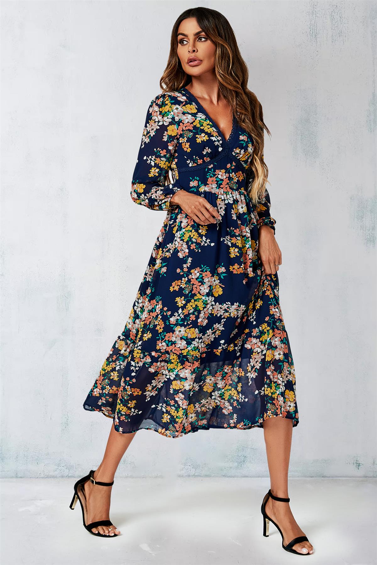 Floral Print Long Sleeve Maxi Dress In Navy FS565