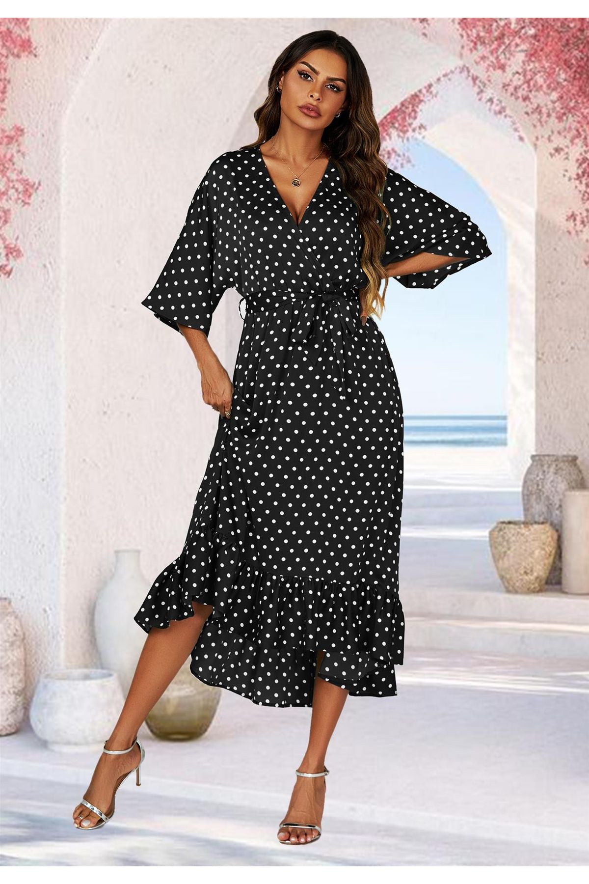 Polka Dot Print Wrap Top Kimono Sleeve Maxi Dress In Black FS638-BlackDot