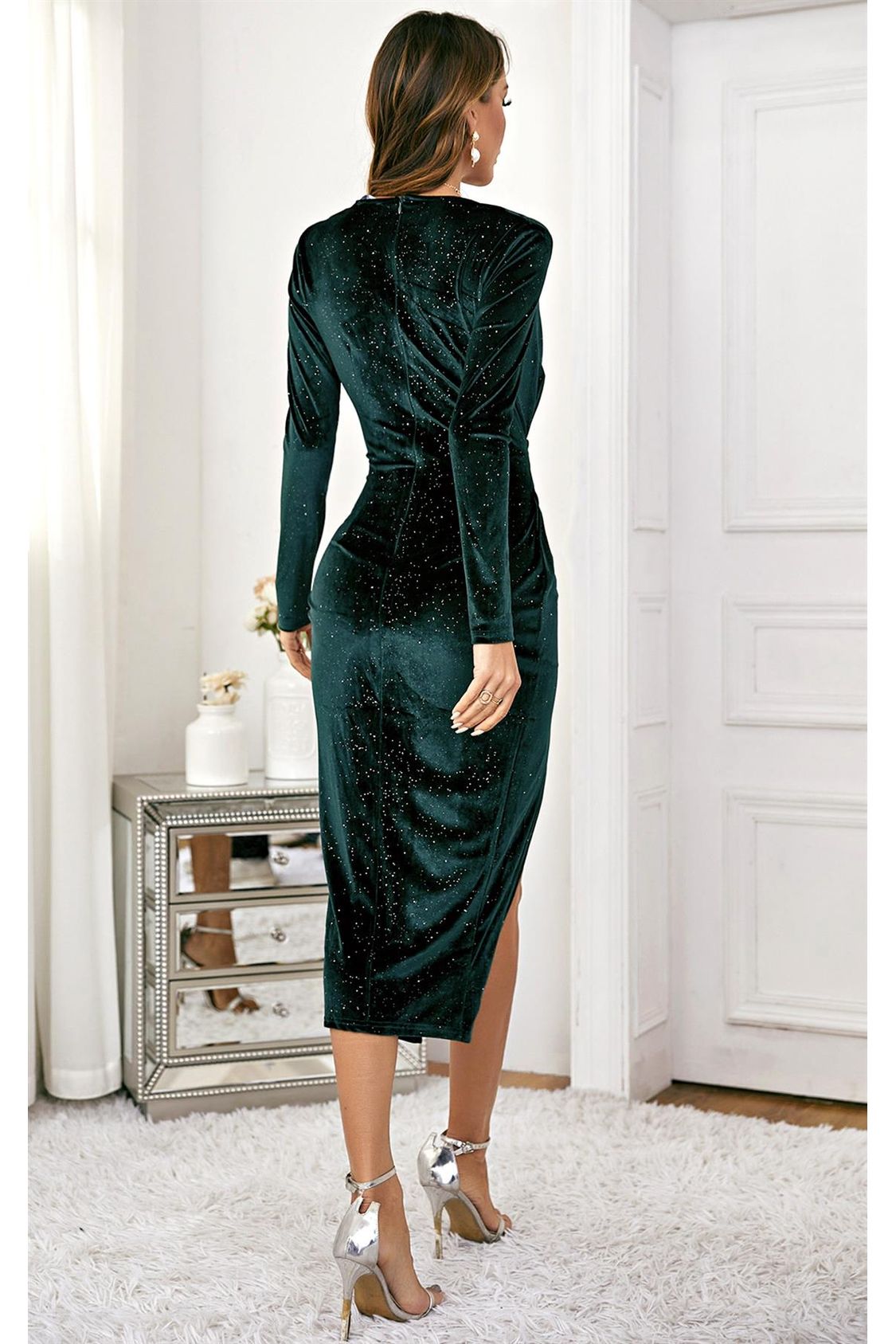 Sparkly Velvet Wrap Style Long Sleeve Midi Dress In Green FS112