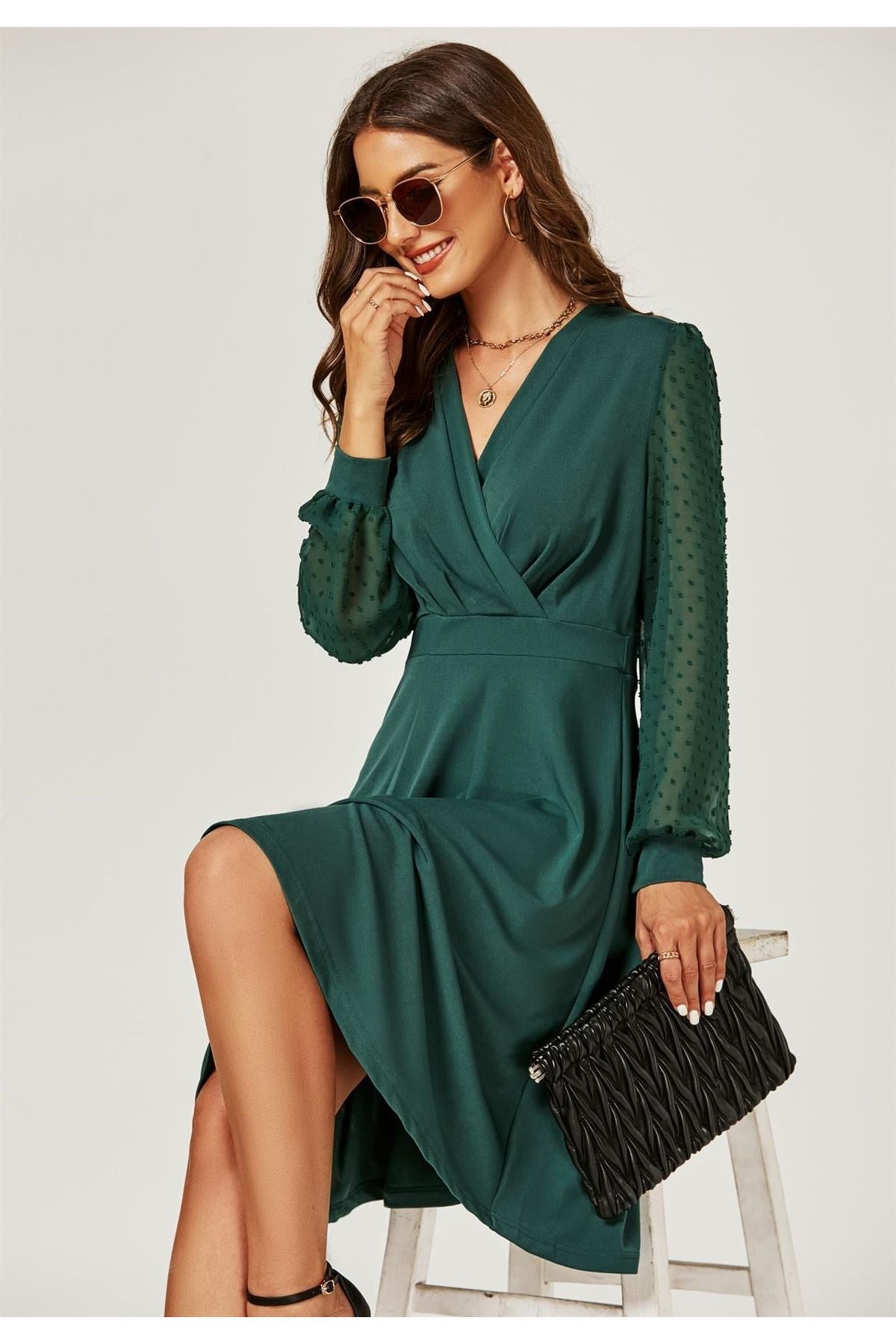 Long Chiffon Sleeve Pleated Midi Dress In Dark Green FS488