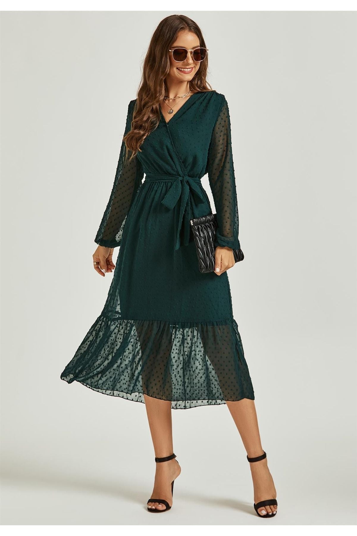 Long Sleeve Wrap Style Tulle Hem Midi Dress In Dark Green FS497-DarkGreen