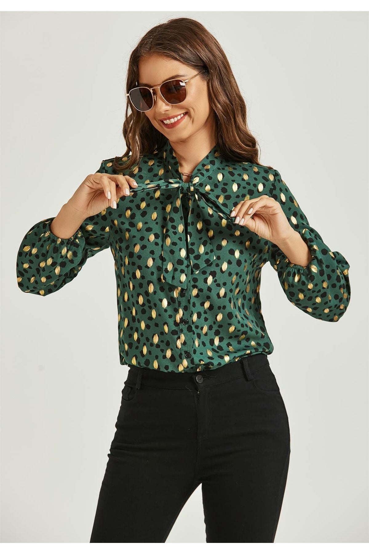 Gold Foil Leopard Print Pussybow Blouse Top In Green FS494