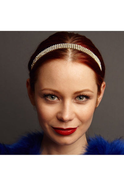 Gold - Diamante Headband With Elastic by QueenMee Accessories