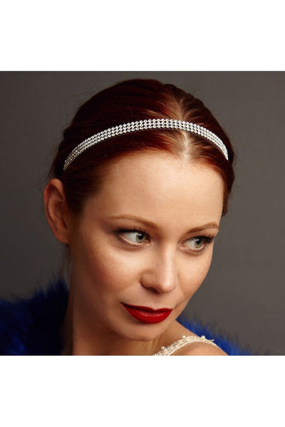 Silver - Diamante Headband With Elastic by QueenMee Accessories