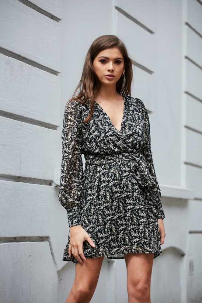 Black Floral Print Wrap Dress DR0000056