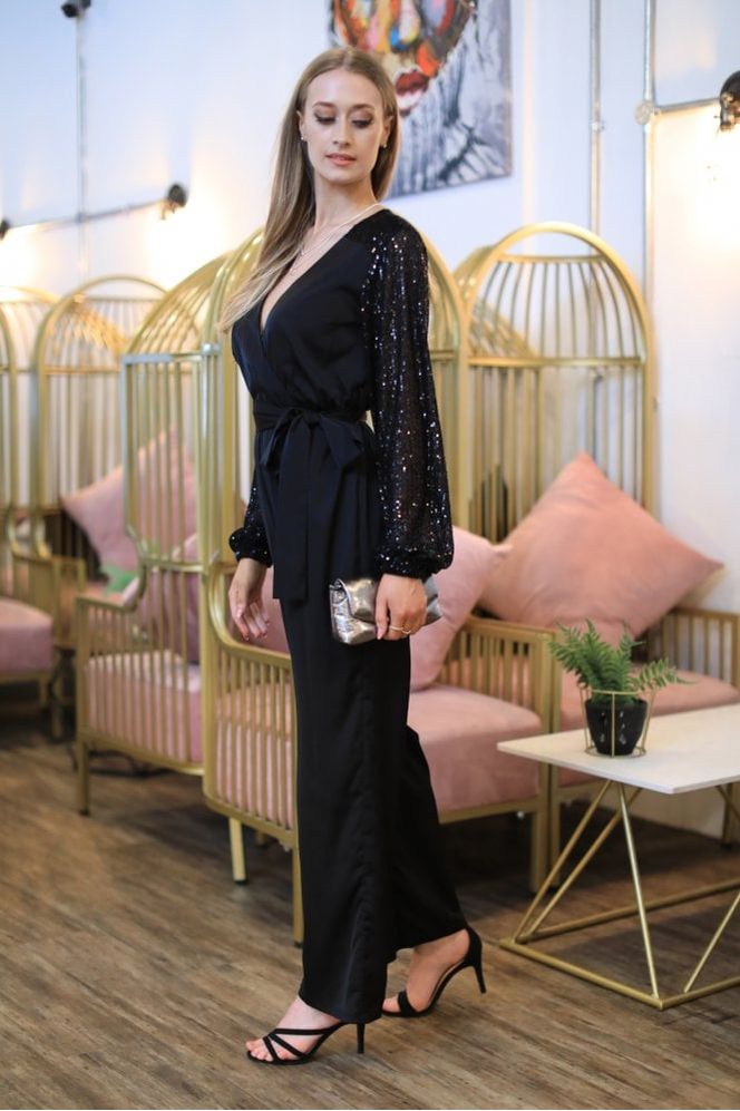 Black Jumpsuit With Sequin Sleeves JU0000399