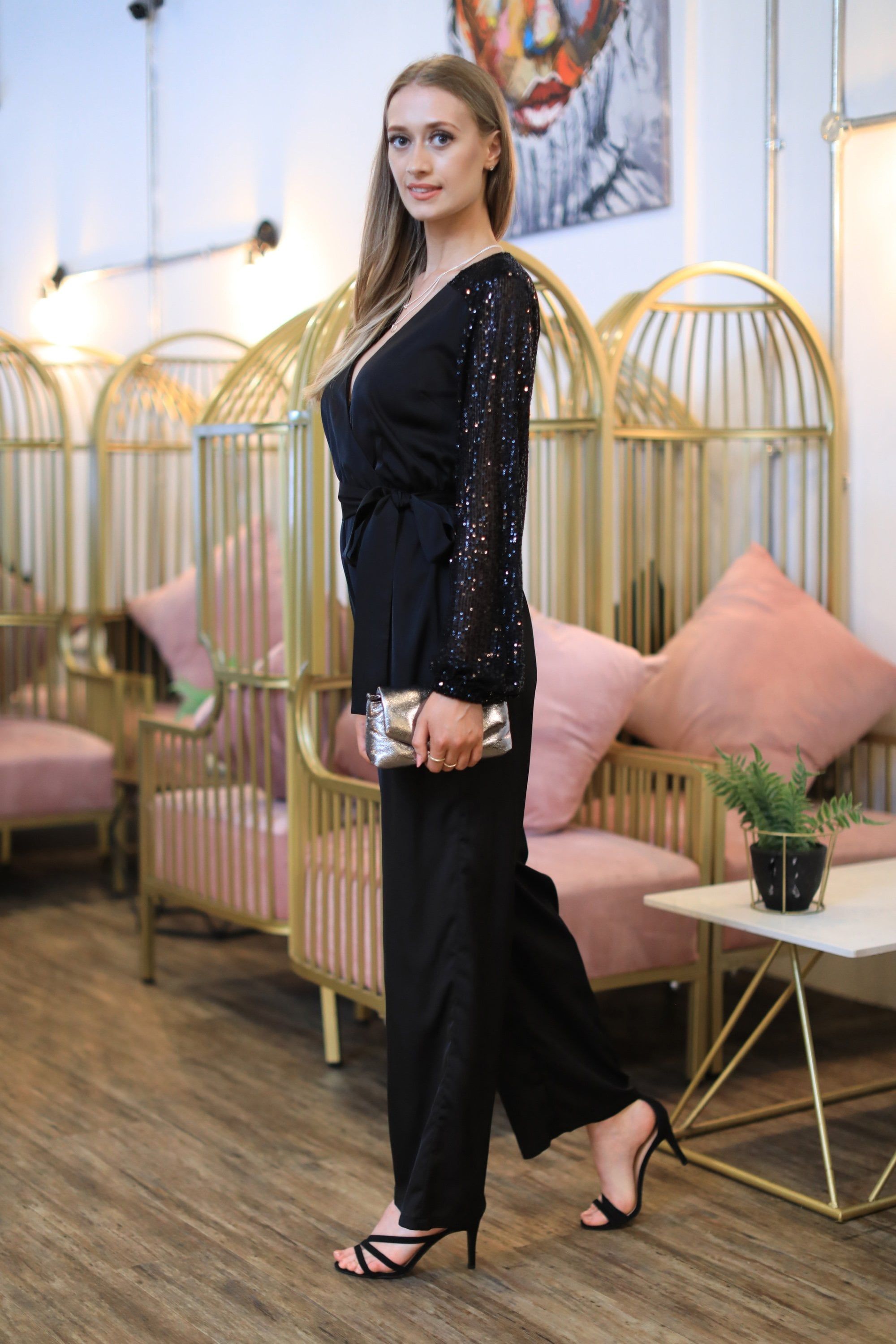 Black Jumpsuit With Sequin Sleeves JU0000399