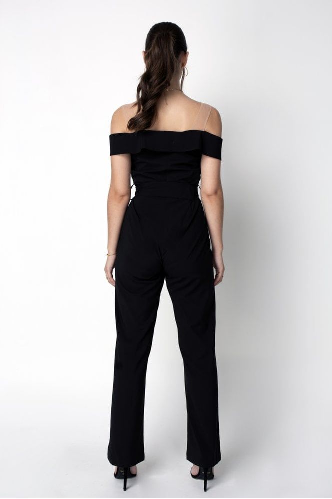 Black Off-Shoulder Belted Shirt Jumpsuit JU0000282