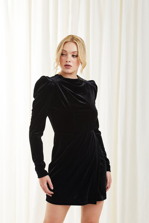 Black Shoulder Pad Velvet Dress DR0000059