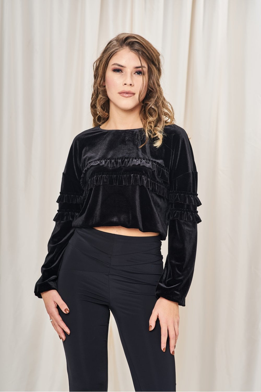 Black Velvet Frill Crop Top With Embroidery TO0000027