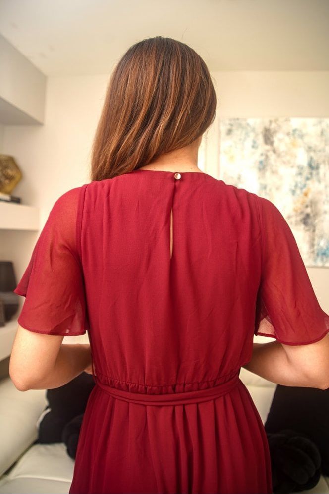 Red Chiffon Wrap Dress With Tea Sleeve DR0000298
