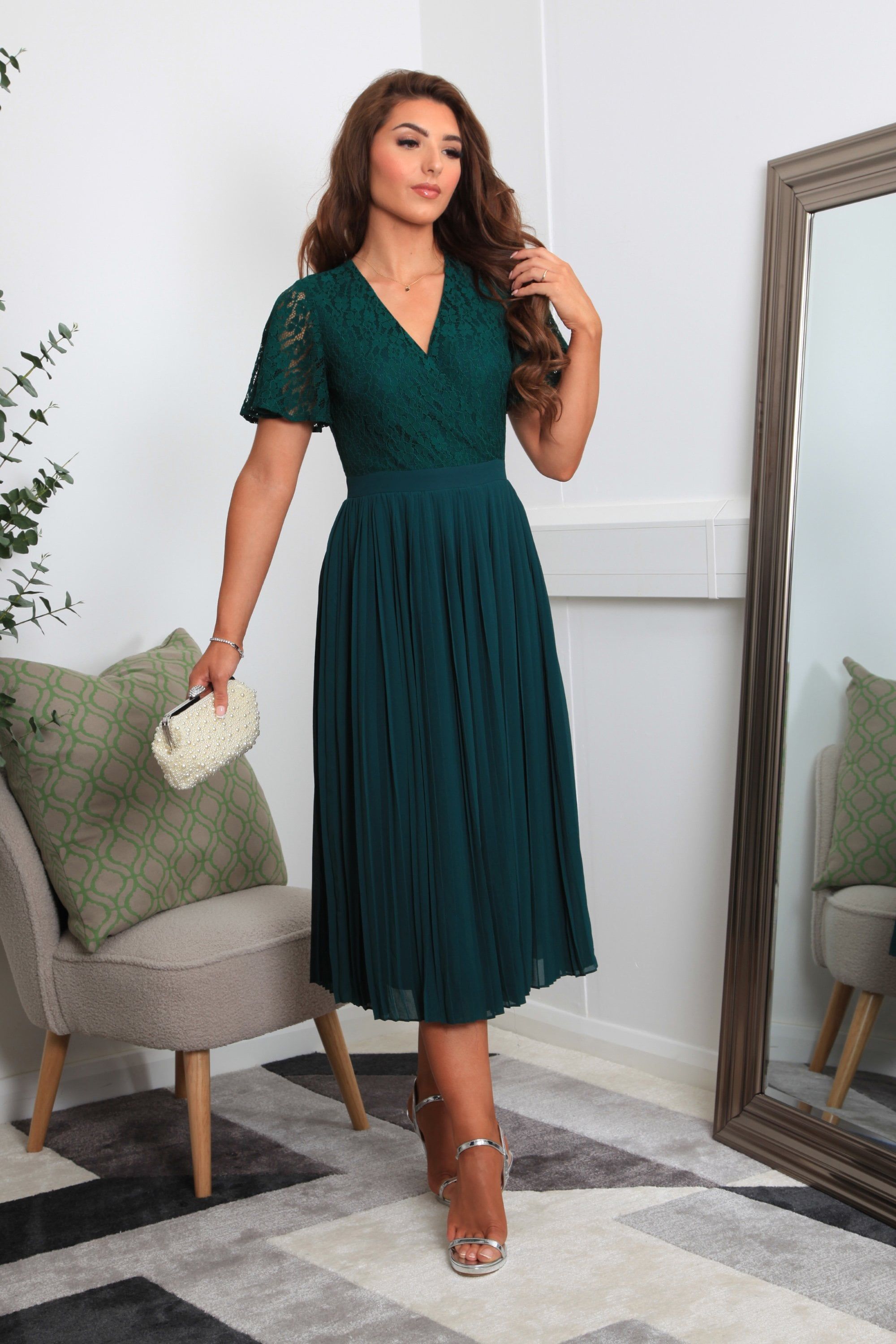 Green Fixed Wrap Lace Pleated Dress DR0000419