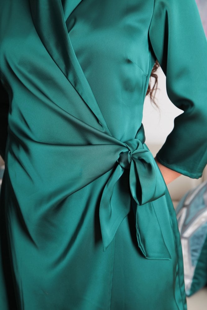 Green Wrap Belted Satin Dress DR0000202