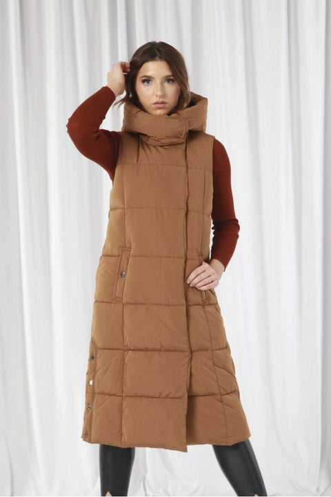 Camel Long Lux Wrap Gilet Puffer by Double Second