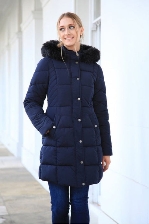 Navy Long Puffer With Fur Collar OU0000155