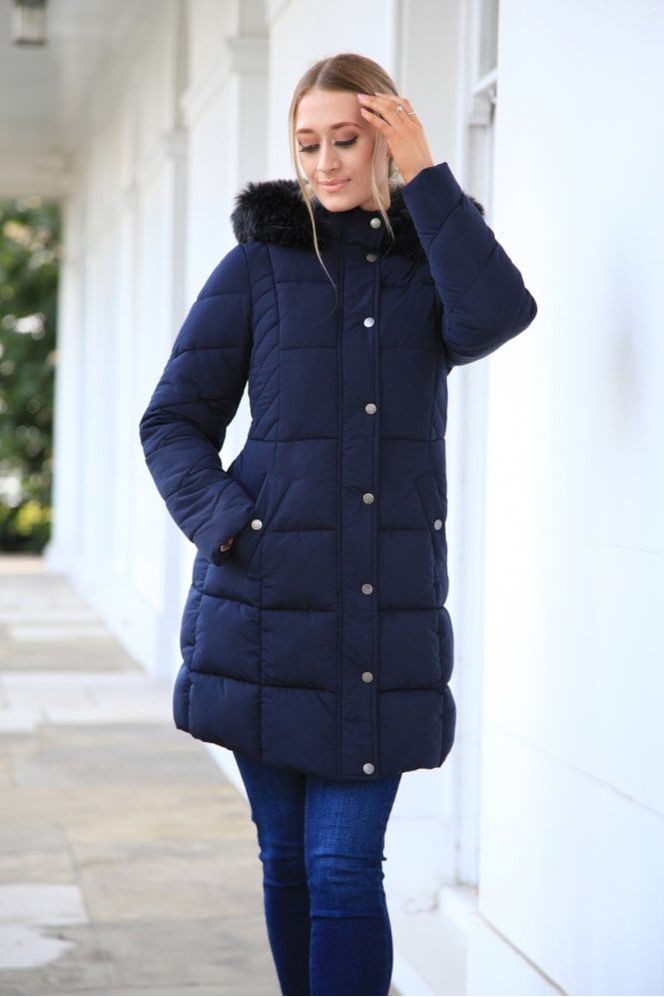 Navy Long Puffer With Fur Collar OU0000155