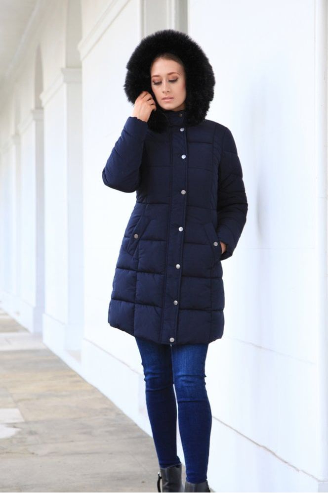 Navy Long Puffer With Fur Collar OU0000155