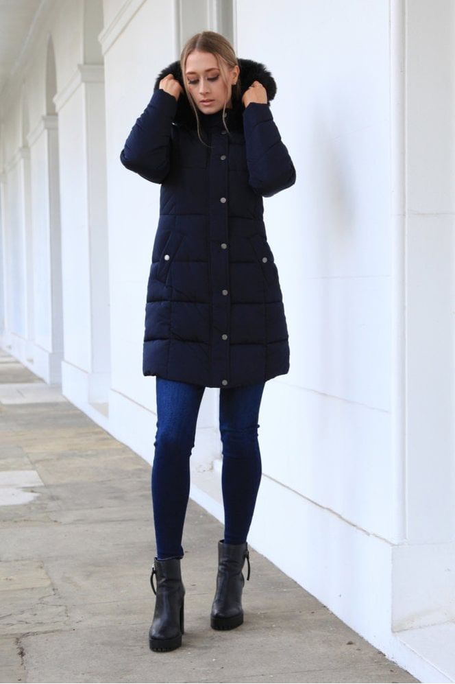 Navy Long Puffer With Fur Collar OU0000155