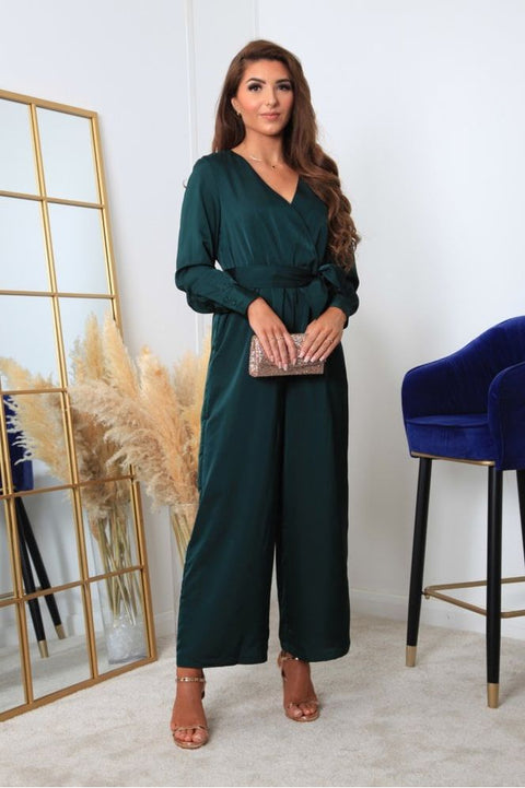 Bottle Green Lux Satin Wrap Jumpsuit by Double Second