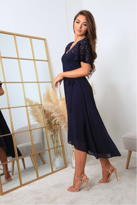 Navy Lace Wrap Front High Low Hem Dress by Double Second