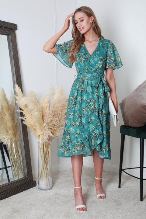 Green Printed Midi Wrap Dress DR0000465