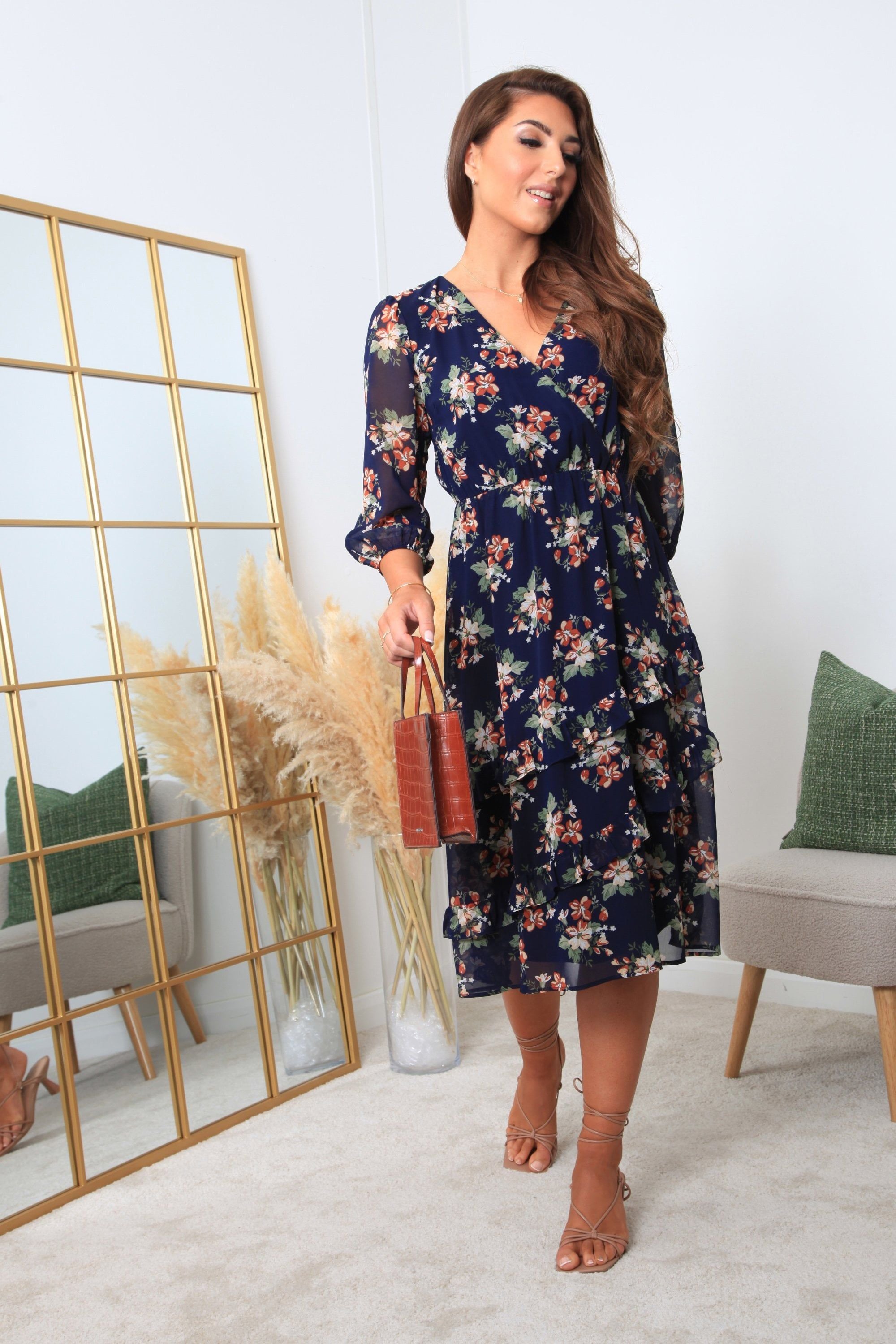 Printed Navy Wrap Dress With Tiered Frill Detail DR0000402