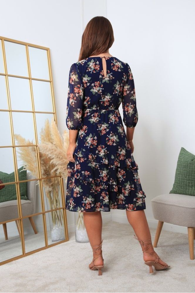 Printed Navy Wrap Dress With Tiered Frill Detail DR0000402